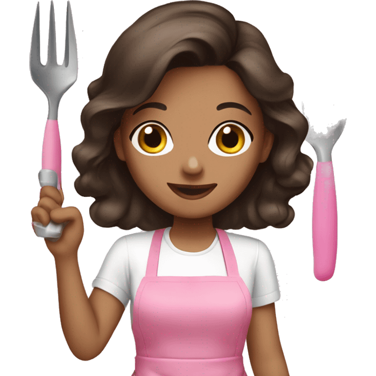 Brunette girl doing nail pink apron emoji