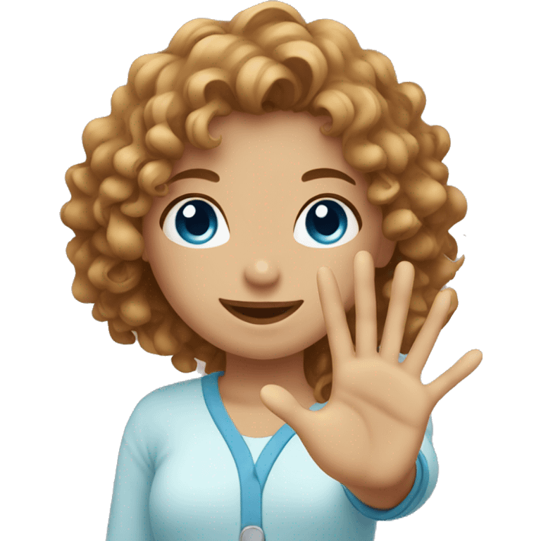 girl with light brown curly hair and blue eyes doing a hand heart emoji