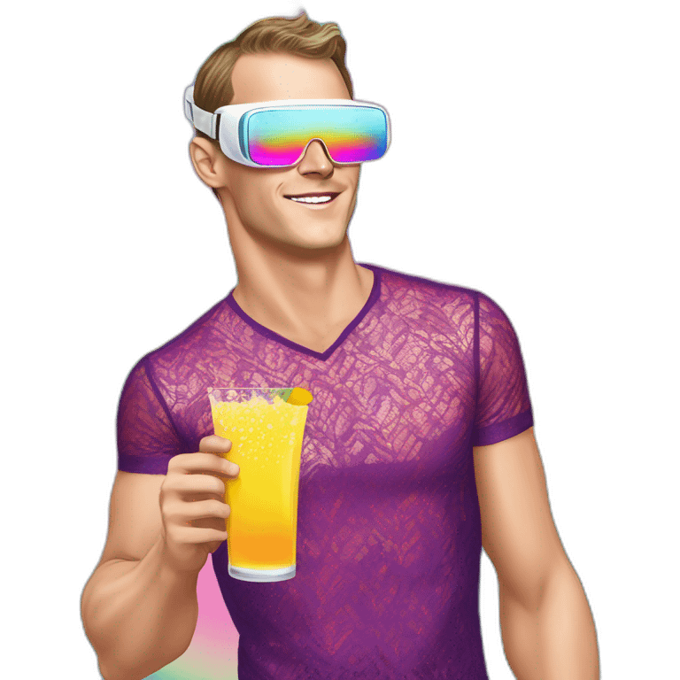 Fancy disco Jonathan Toews wearing rainbow lace shirt and wearing VR glasses and drinking a mimosa emoji