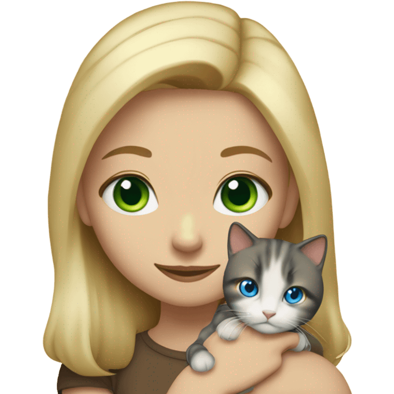 blonde girl with blue eyes,  holding a calico cat with green eyes emoji