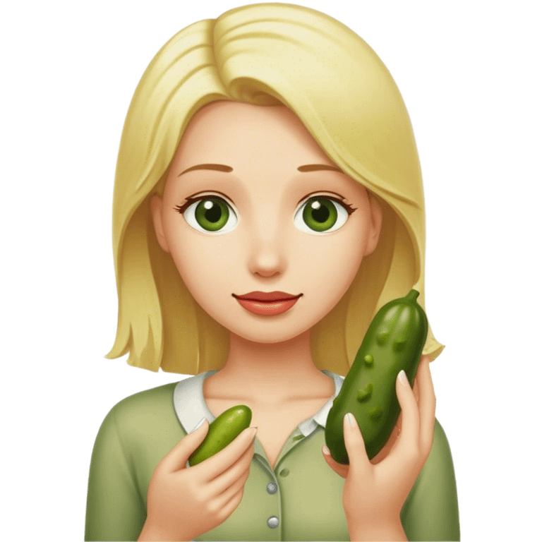 Blonde woman holding pickle emoji