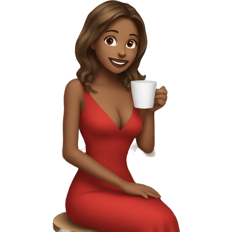 Girl with brunette hair and highlights sipping on coffee in a low cut red dress  emoji