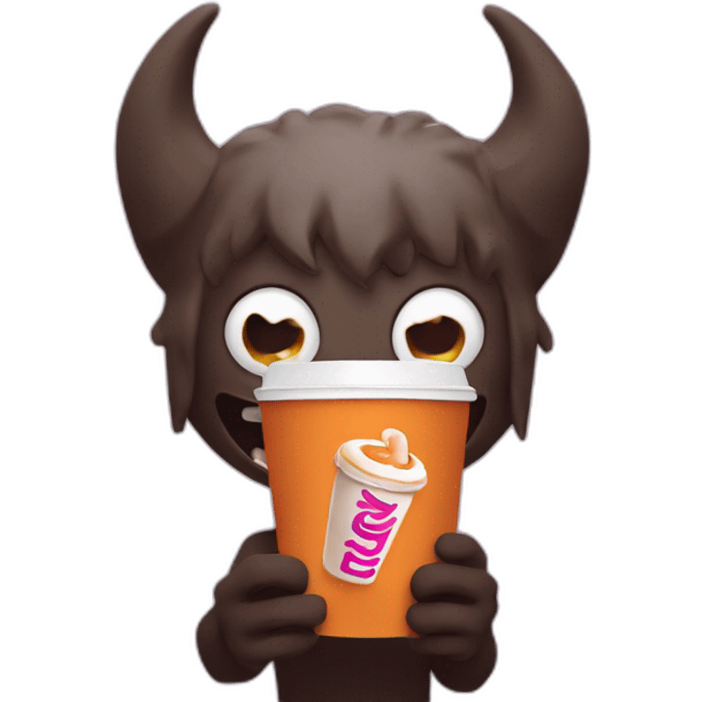 a demon holding a dunkin donuts coffee cup emoji