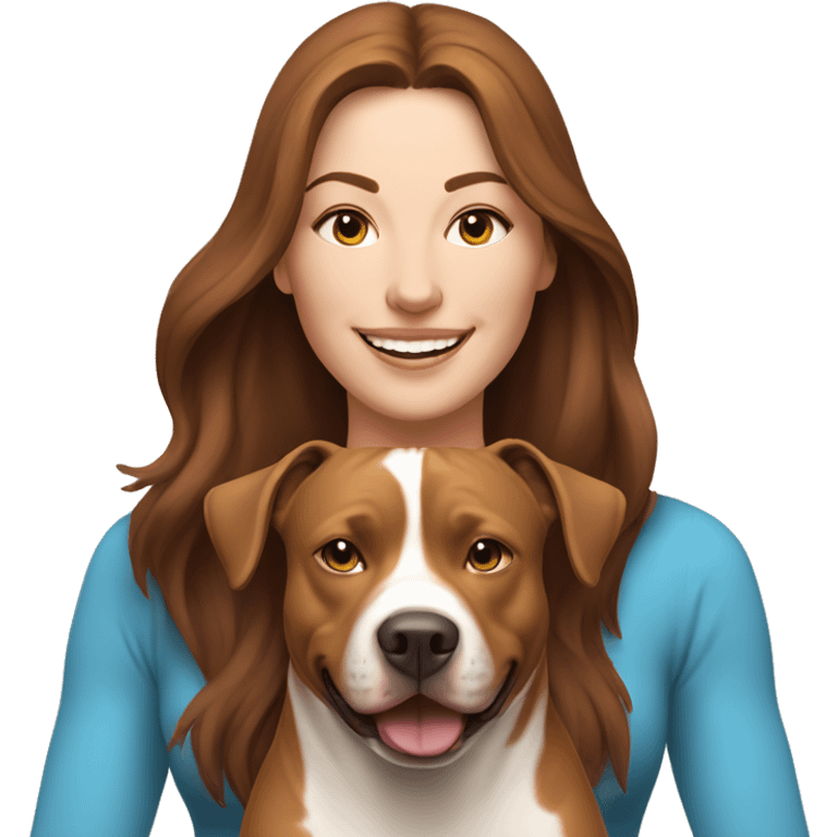 white woman with long brown hair expressing joy dressed in a yoga outfit alongside a pitbull dog emoji