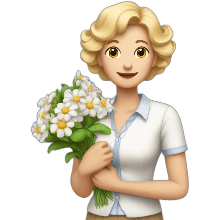 Une grand-mère avec des cheveux blonds et une chemise avec des fleurs emoji