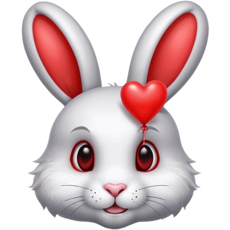 White rabbit with gray ears and black eyes and red metallic heart-shaped balloons emoji