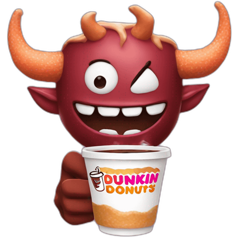 a demon holding a dunkin donuts coffee cup emoji