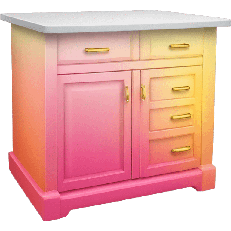 Realistic front facing pink And yellow ombre kitchen island counter with gold hardware.  emoji