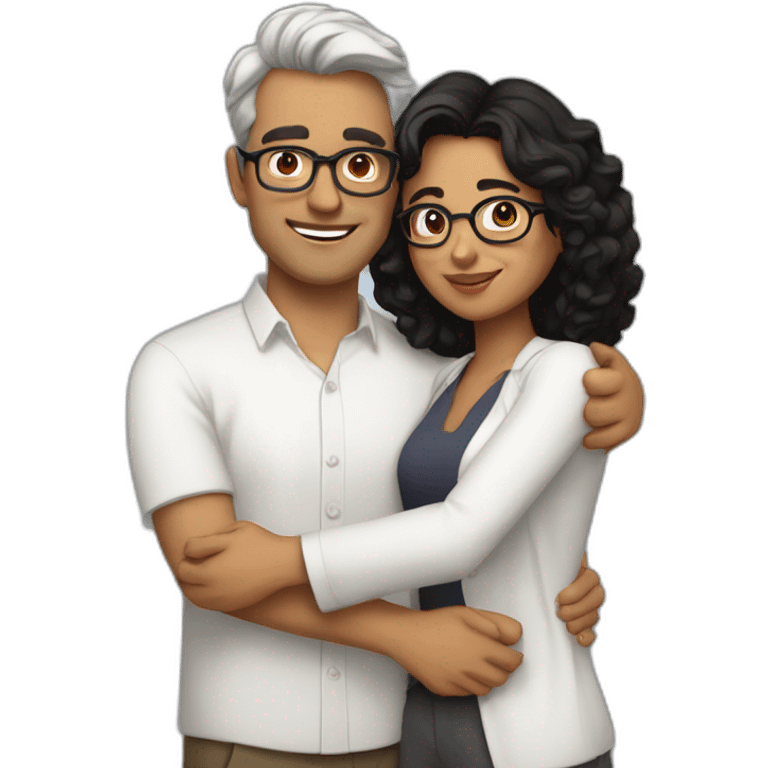 Indian woman with medium curly hair hugging a tall white man with black hair and glasses in a white shirt emoji