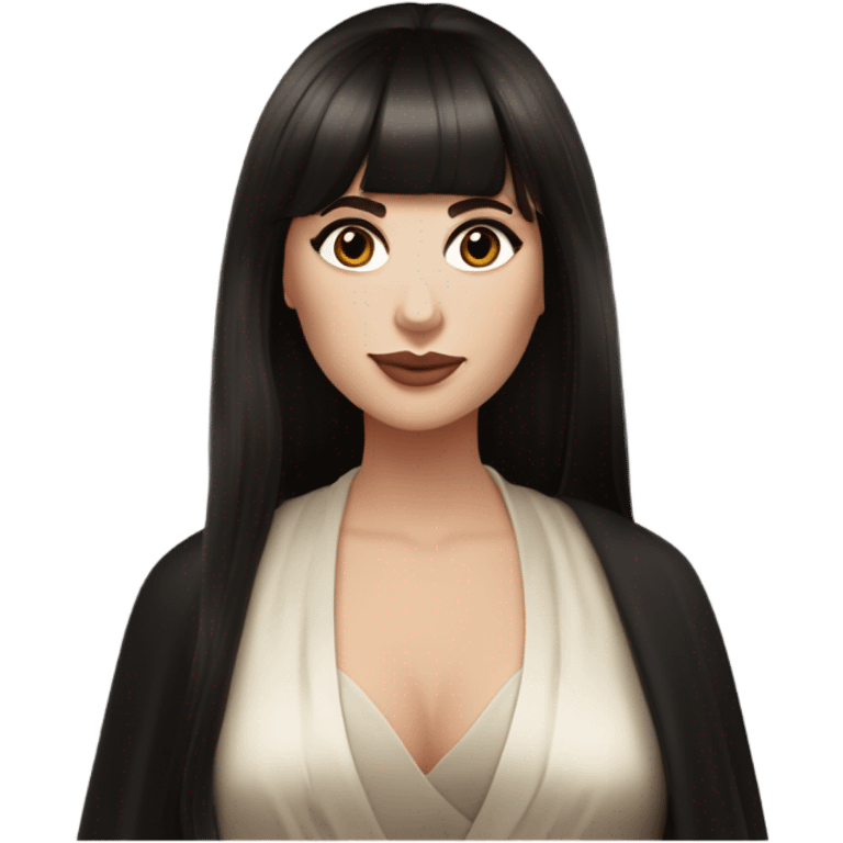 Super gorgeous and beautiful white woman with ultra long dark brown straight slightly wavy hair  with straight bangs with beautiful brown eyes plump lips a little blush and wearing a gorgeous black silk robe  emoji