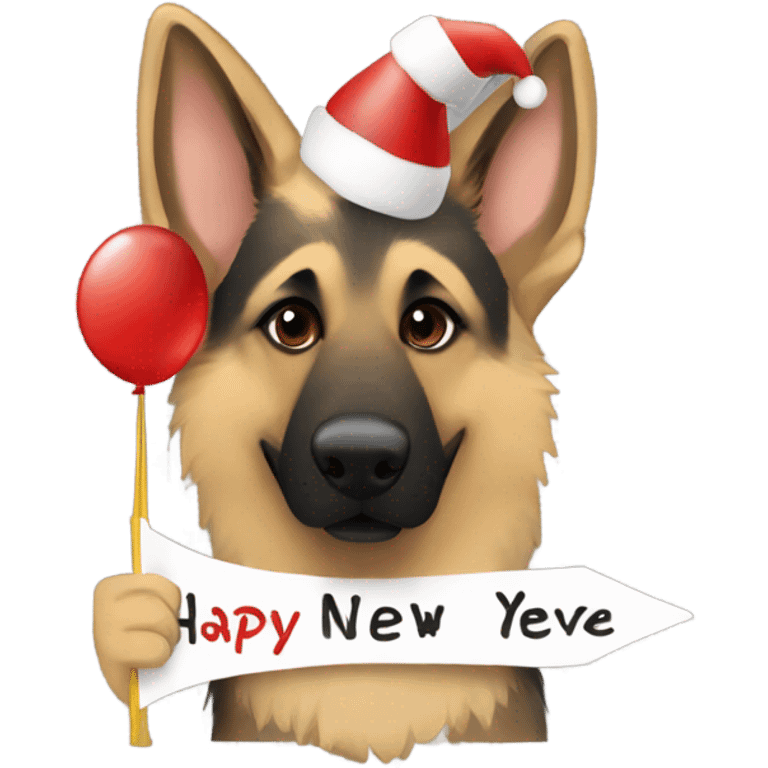 Blonde and brown German shepherd holding a sign that says “Happy New Years Eve” emoji