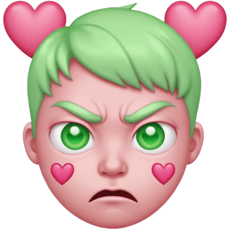 Pink skin, round, heart eyes but looks angry with 3 light green heart above his head emoji