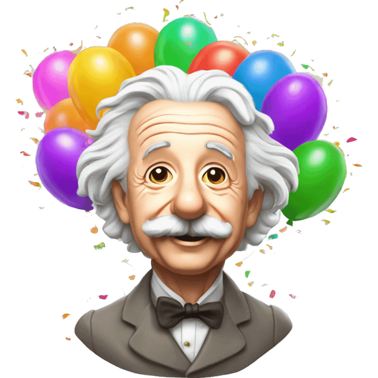 happy albert einstein shooting colorful confetti popper with partty baloons emoji