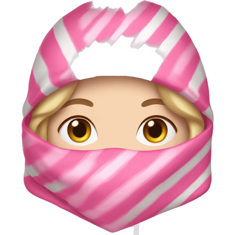 White girl wearing pink white striped heart baclava over face  emoji