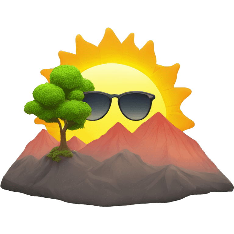 Sun with a sunglass, trees & mountain  emoji