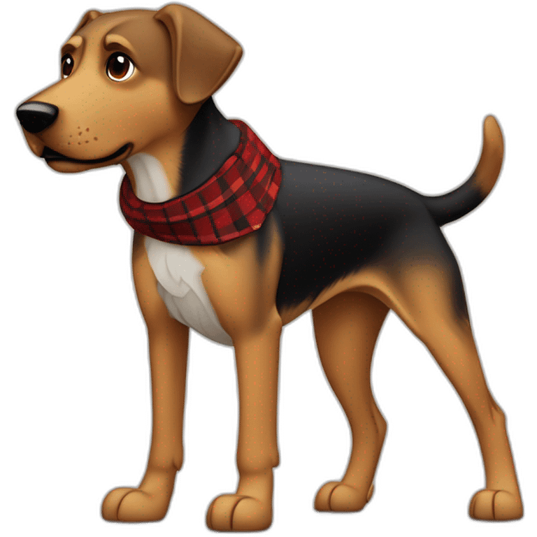 adult 75% Coonhound 25% German Shepherd mix dog with visible tail wearing small pointed red buffalo plaid bandana full body walking left quickly emoji