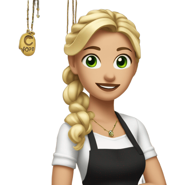 Waitress with white shirt and black apron, there is a cursive C in the upper left corner of the apron, straight blonde hair in a ponytail, green/hazel eyes, lots of boho jewelry and bracelets  emoji