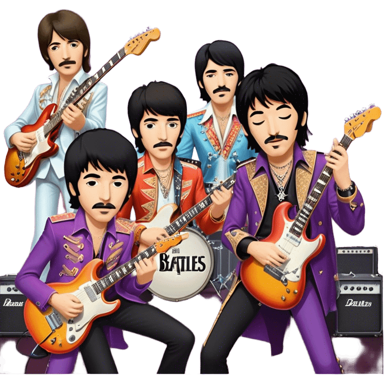 Rock music icon: collage of legendary rock stars—The Beatles, Jimi Hendrix, Elvis Presley, Queen, Nirvana, Led Zeppelin. Electric guitars, amplifiers, and microphones surrounded by vibrant stage lights and musical notes. Transparent background. emoji