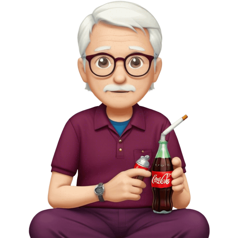 Older man with white hair, glasses, red college shirt, dark plum colored trousers, has a cap on and a clock on his wrist, sitä with cigarette and coca-cola bottle emoji