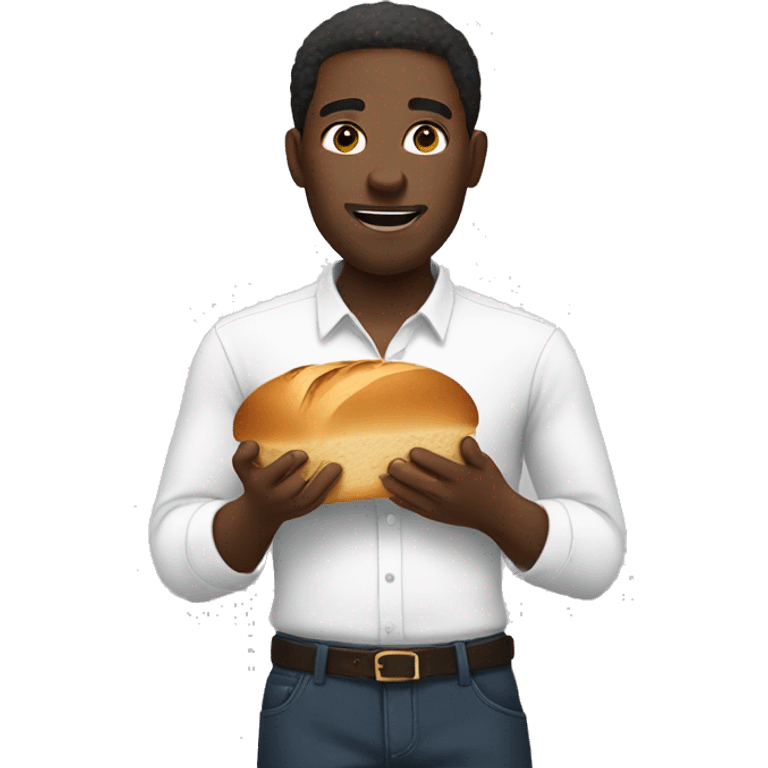 Black man wearing a white shirt and eating bread  emoji