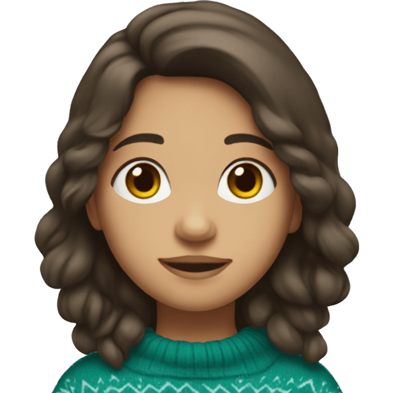 winter, christmas, hispanic, long brown hair, girl, brown eyes, child, full body, teal sweater emoji