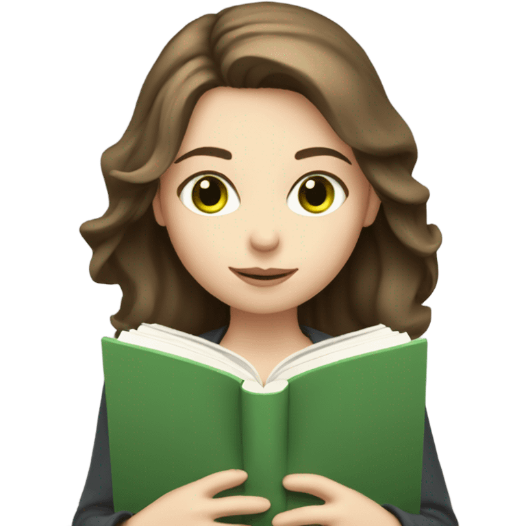 Girl with shoulder length brown hair, green eyes, pale skin, reading a book emoji