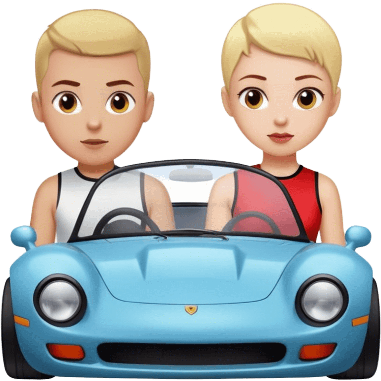 Blonde boy with a buzz cut and a girl with dark red hair in a sports car emoji