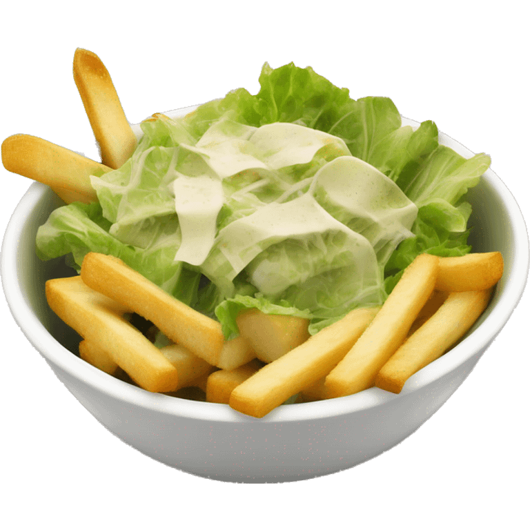 caesar salad in a bowl with a side of fries and a cole emoji