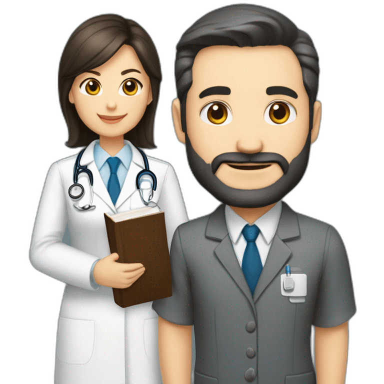 husband caucasian age 55 dark hair trimmed beard wearing business suit holding bible, wife asian age 55 dark hair nurse uniform, no children emoji