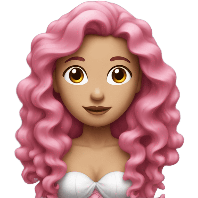 a white mermaid women with long brown curly hair and a pink tail emoji