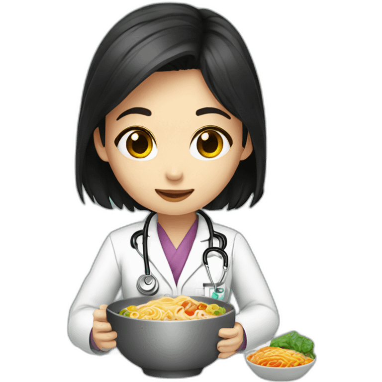 doctor girl with dark hair eating ramen bowl emoji