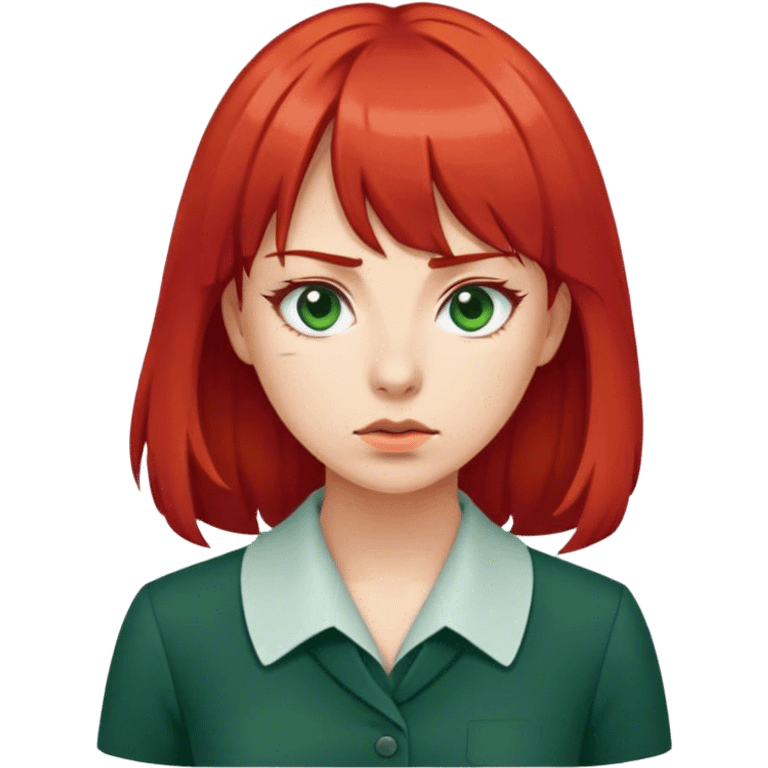 Woman with red bangs shoulder length hair wearing dark green work dress and press pass around neck  emoji