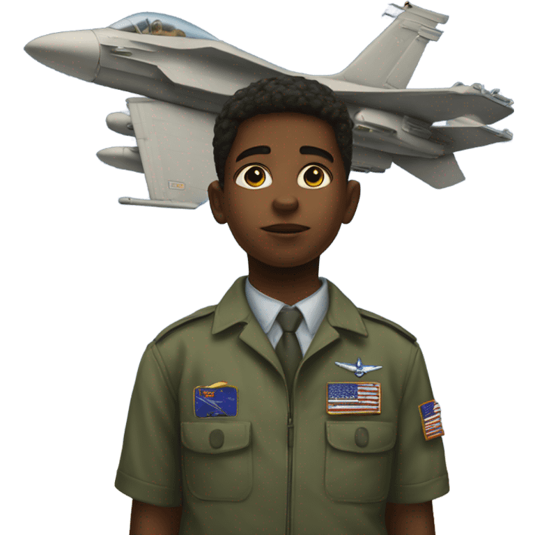 portrait of a boy gazing into the sky with the Air Force flying over head emoji