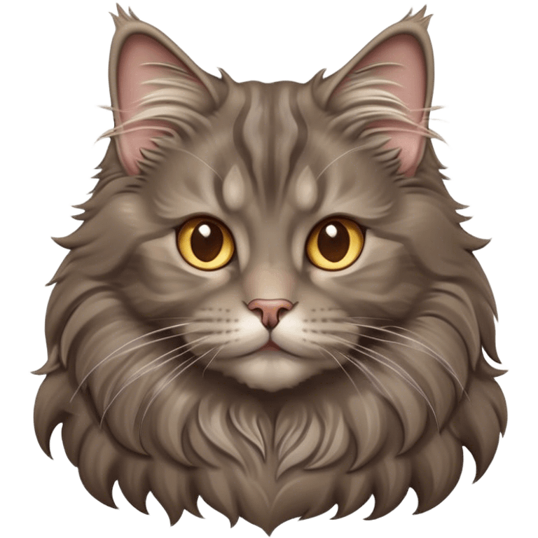 Cinematic Adorable Fluffy Grey-Brown Maine Coon Cat Portrait Emoji, Head tilted playfully and inquisitively, rich grey-brown fur with soft, flowing tufts, Simplified yet charming features, highly detailed, glowing with a warm, friendly glow, high shine, curious and affectionate, stylized with a touch of whimsy, bright and alert, soft glowing outline, capturing the essence of a mischievous yet loving kitten, so endearing it feels like it could pounce out of the screen with its fluffy tail swishing gracefully! emoji