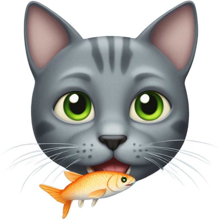 gray Cat green eyes eating fish emoji