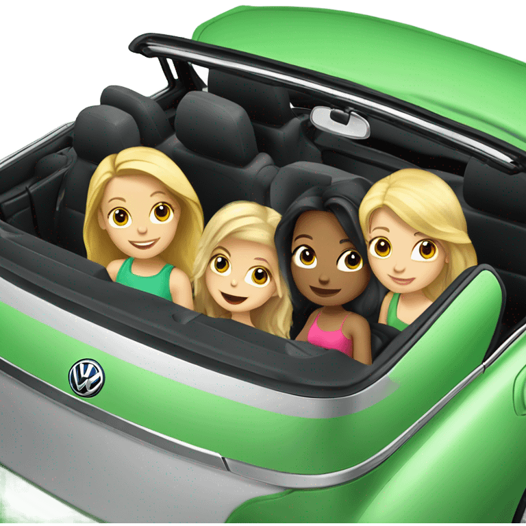 Two Caucasian blonde girls and two Caucasian brunette girls riding in a green volkswagen convertible emoji