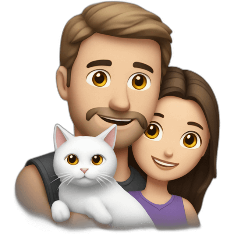 white brun man and brunette woman with a fat gray cat in their arms emoji