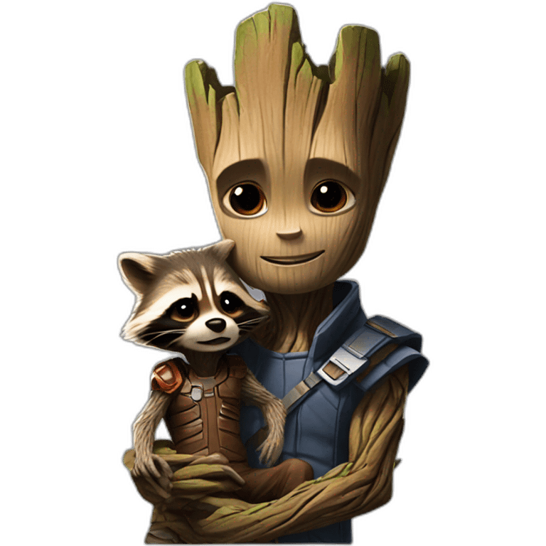 "Groot is sitting on the shoulder of Rocket Raccoon." emoji