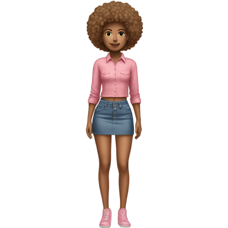 Tan girl with Afro and pink button top and jean skirt full body posing emoji