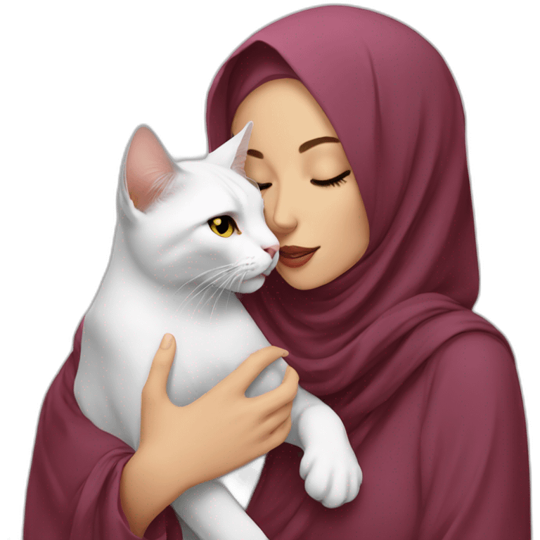 Hijab women kissing white cat emoji