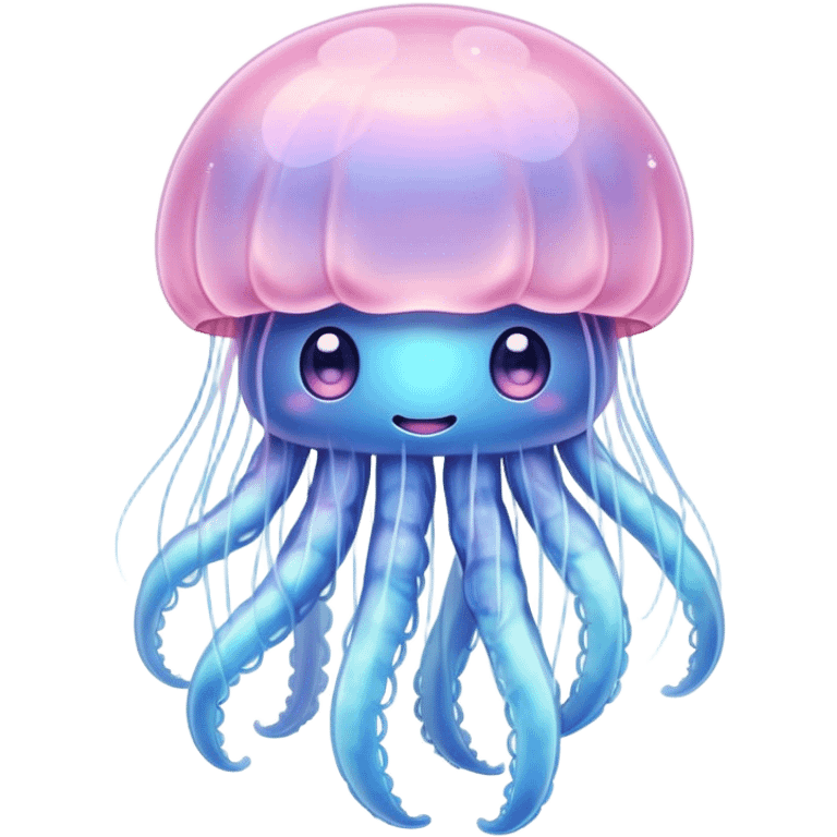 Cinematic floating kawaii jellyfish, tiny round body, soft glowing tentacles, pastel pink and blue hues, delicate sparkling highlights, dreamy and adorable. emoji