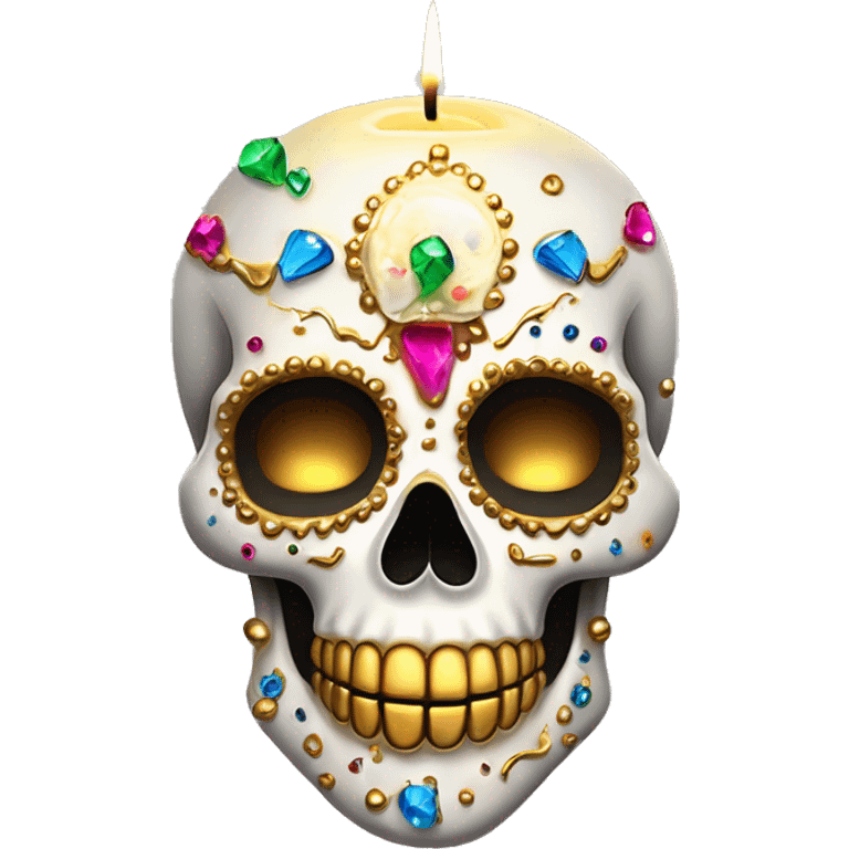 Realistic white sugar skull decorated with colorful rhinestones with a tall metallic gold candle on top of its head dripping down melted metallic gold wax down the skull emoji