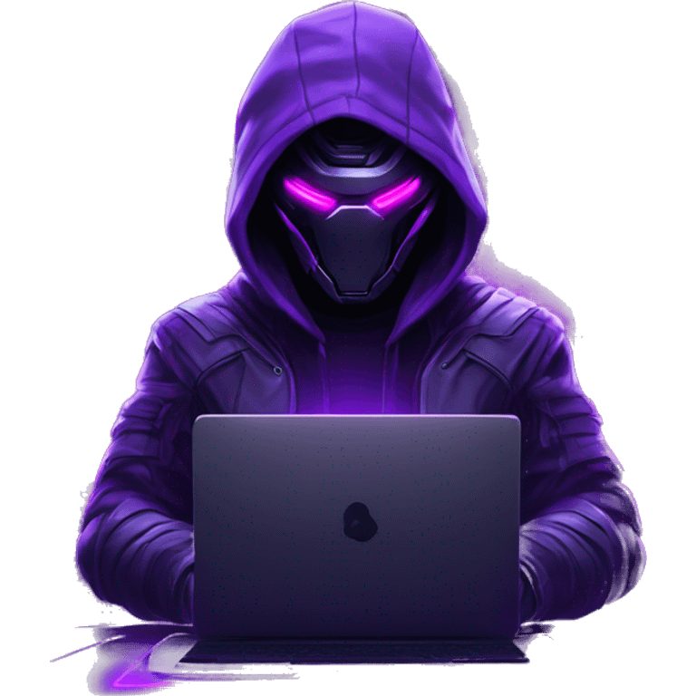 Hacker behind his laptop with this style : crysis Cyberpunk Valorant neon glowing bright purple character purple violet black hooded assassin themed character emoji