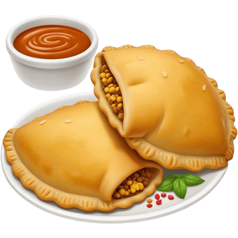 Cinematic Realistic Colombian Cornmeal Empanadas Emoji, showcasing the golden, crispy shell filled with savory meats and spices, served with a side of aji dipping sauce, rendered with vibrant textures and warm, inviting lighting. emoji