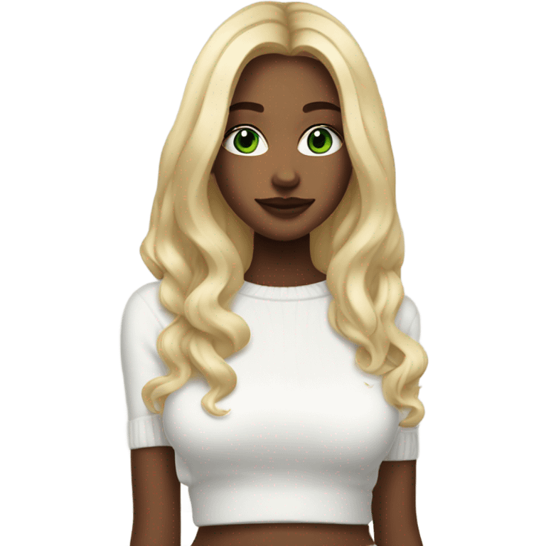 solo blonde girl with green eyes, medium bust, white sweater, long blow out hair, baddie, middle part, cute emoji