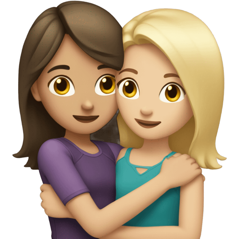 Brunette Girl hugs blonde girl both are caucasian emoji