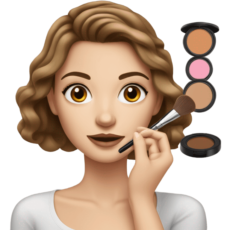 White girl with Brown hair doing makeup with makeup kit emoji