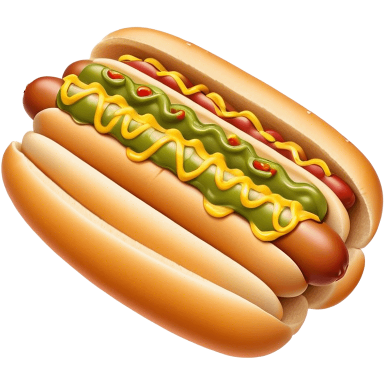 Cinematic Realistic Hot Dog Dish Emoji, featuring a classic hot dog in a bun topped with mustard and relish rendered with crisp textures and vibrant, dynamic lighting. emoji