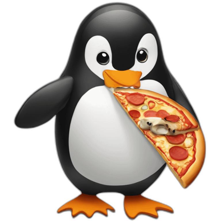 Penguin eating pizza and a root beer emoji