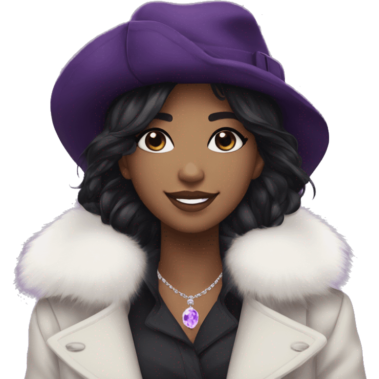 black hair,WHITE, long messy hairstyle, beret hat, purple eyes, smile, long black trench coat with white fur around the neck, purple crystal earrings, purple crystal necklace, black pants emoji